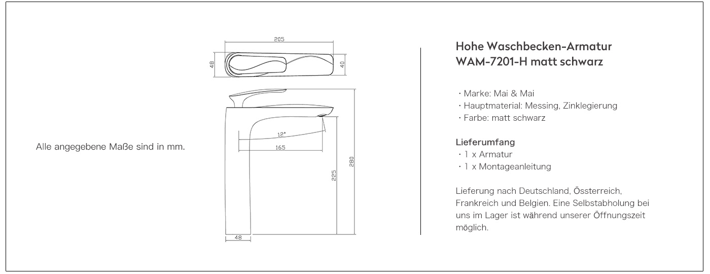 Armatur Matt schwarz Einhebelmischer Messing verchromt Wasserhahn